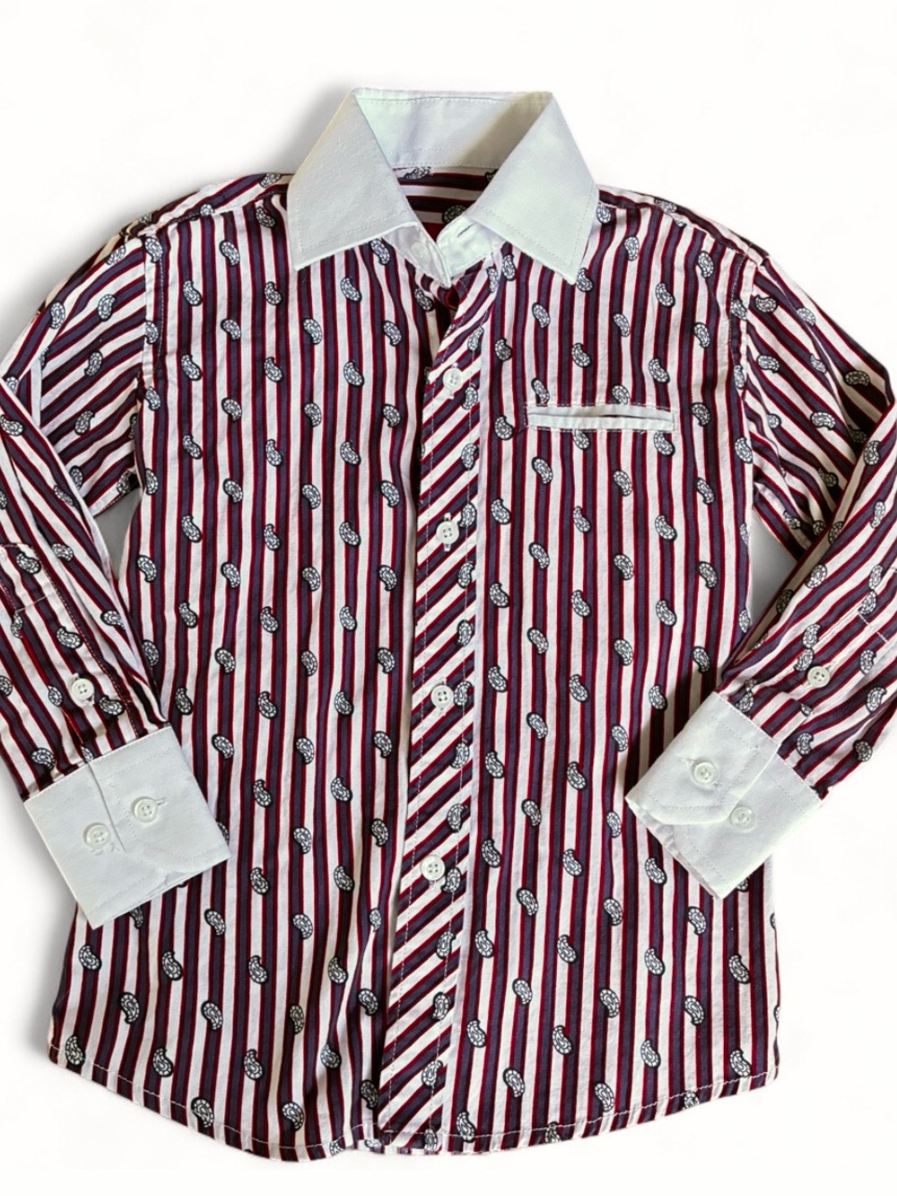 Boys 3 Striped button up Dress Shirt Burgundy & White paisley 100% cotton